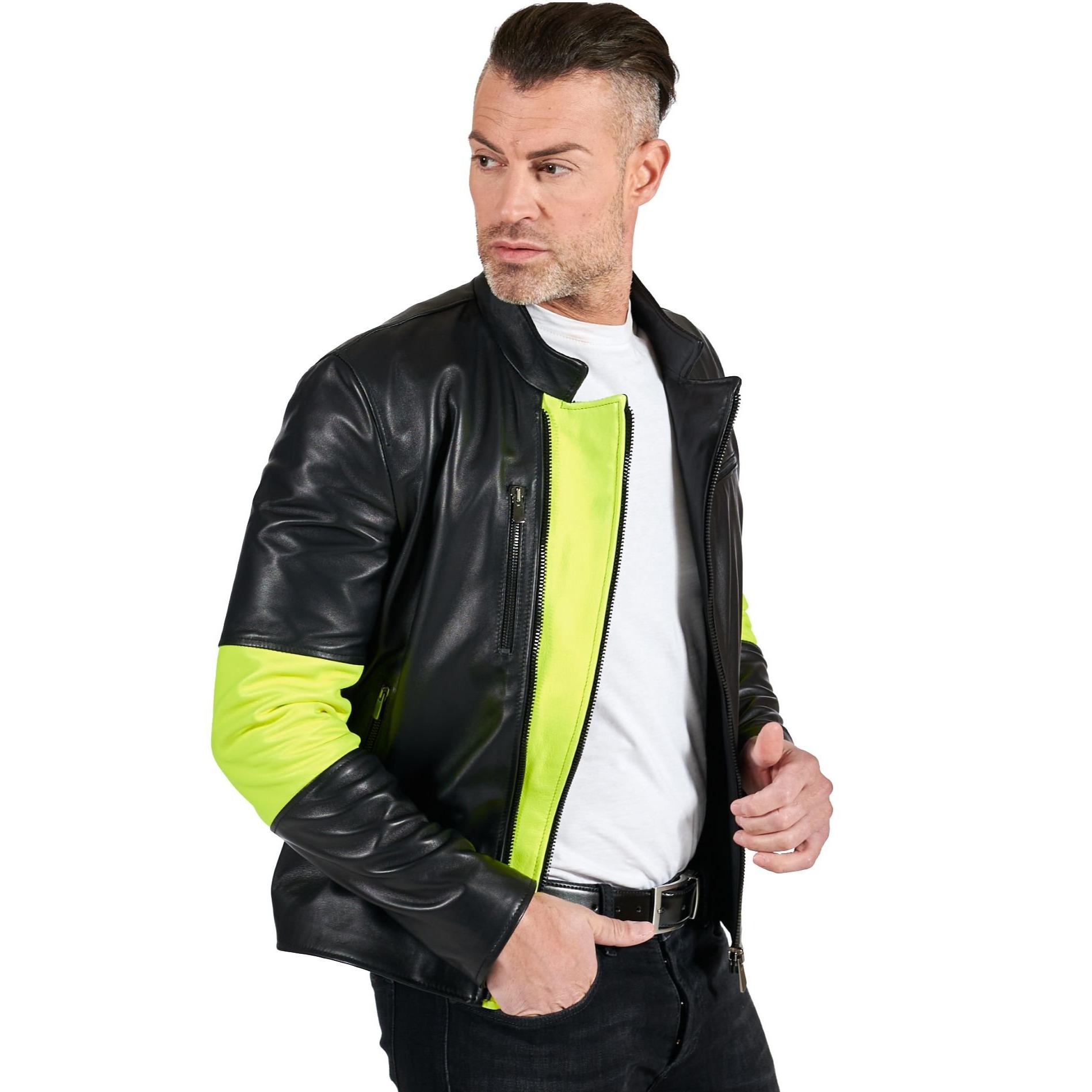 Giacca biker in pelle nera e inserti in pelle fluo effetto liscio