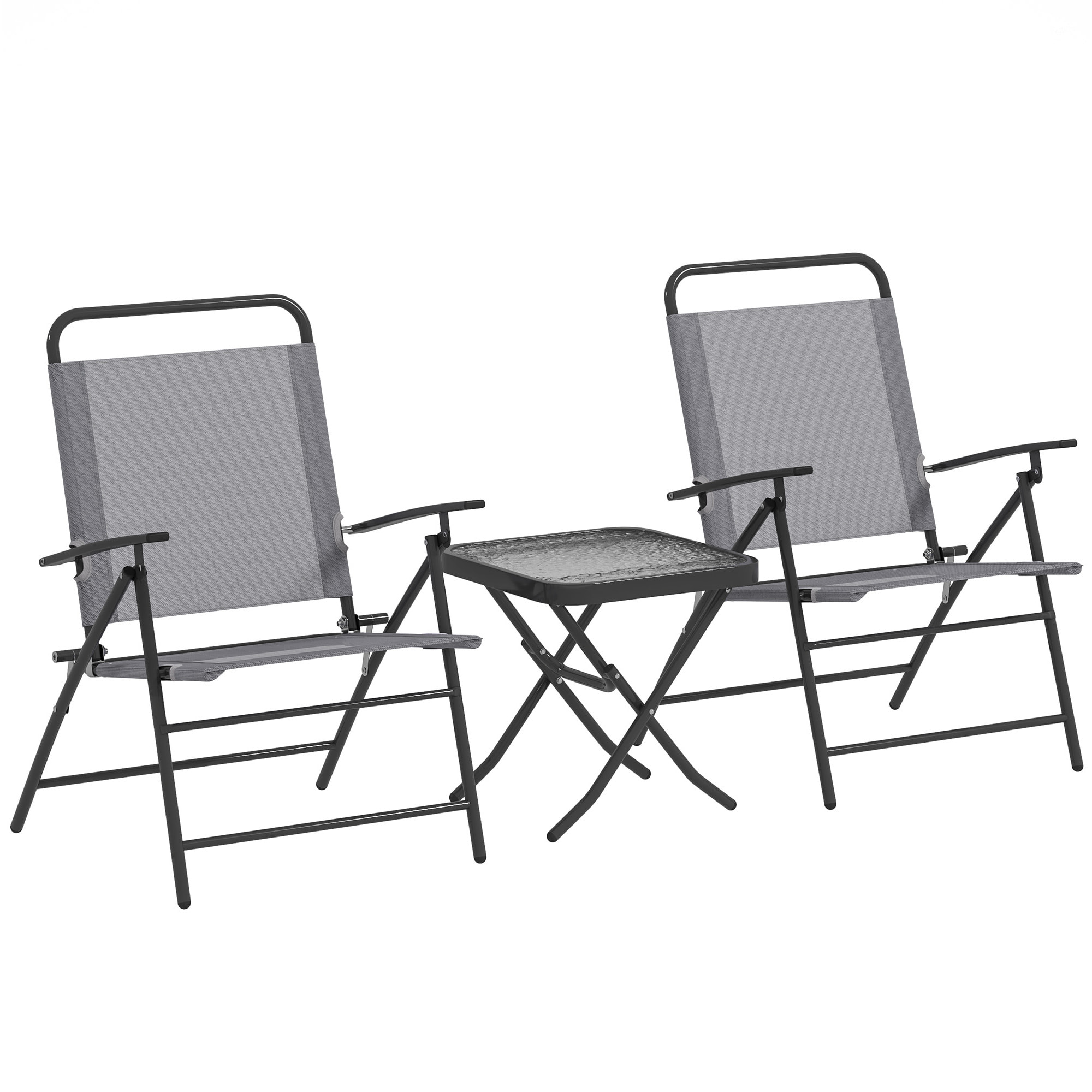 Conjunto de Mesa y Sillas de Terraza Exterior de 3 Piezas Muebles de Jardín Exterior Plegables con Respaldo Regulable Tablero de Vidrio y Estructura de Acero