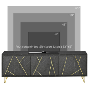 Meuble TV banc TV style art déco - 3 portes, 2 étagères - piètement épingle métal doré MDF aspect marbre noir rainures dorées