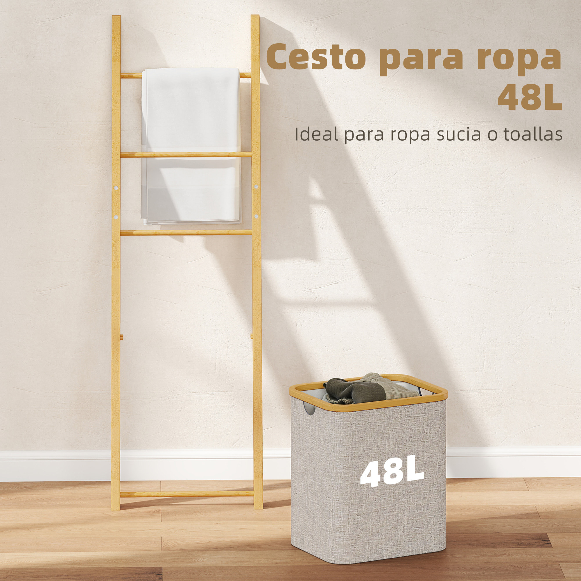 Estantería para Baño de Bambú, Toallero de Pie con 3 Barras, Cesto para Ropa Sucia Extraíble de 48 L, para Dormitorio, Lavadero, Crema