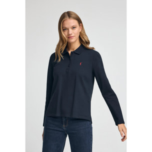 Polo blu scuro a maniche lunghe e collo con tre bottoni con ricamo Rigby Go