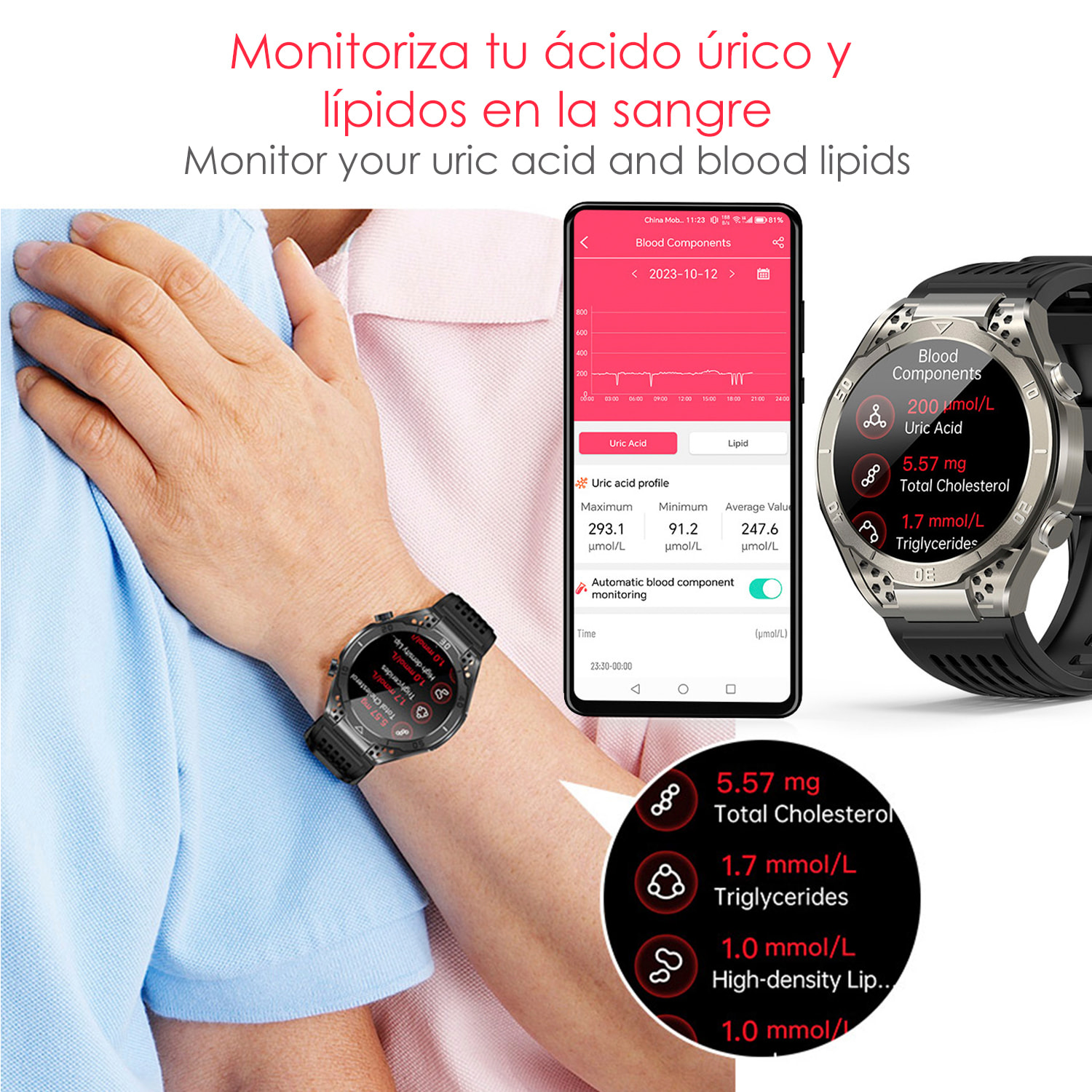 Smartwatch JA01. Monitor dell'acido urico e dei lipidi, monitoraggio della glicemia, elettrocardiogramma ECG, composizione corporea.
