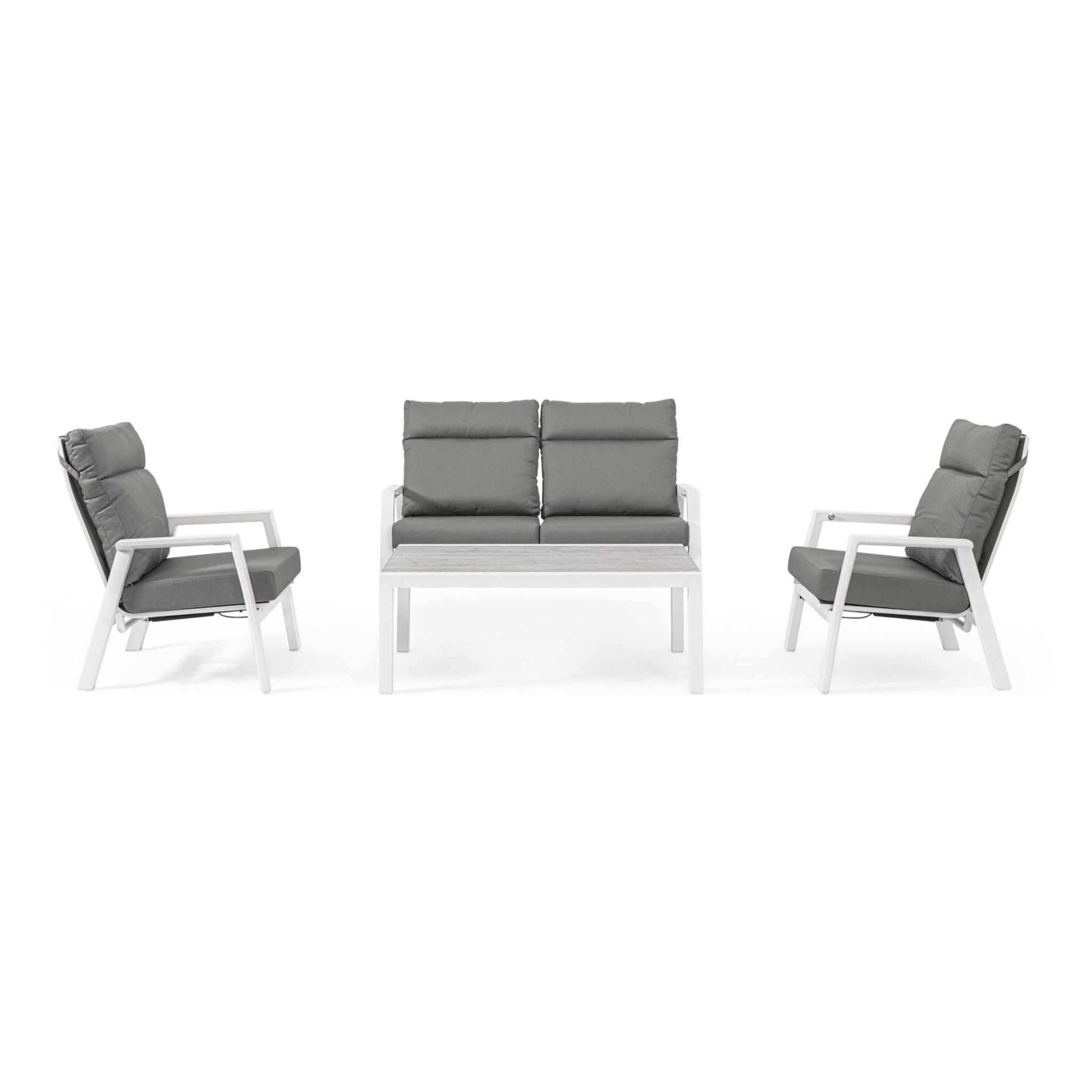 Divano 2 posti reclinabile da giardino OVIEDO in textilene con cuscini grigi e struttura in alluminio bianco