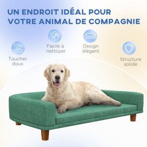 Canapé chien lit pour chien design scandinave coussin déhoussable dim 98L x 67l x 25H cm pieds bois tissu polyester vert