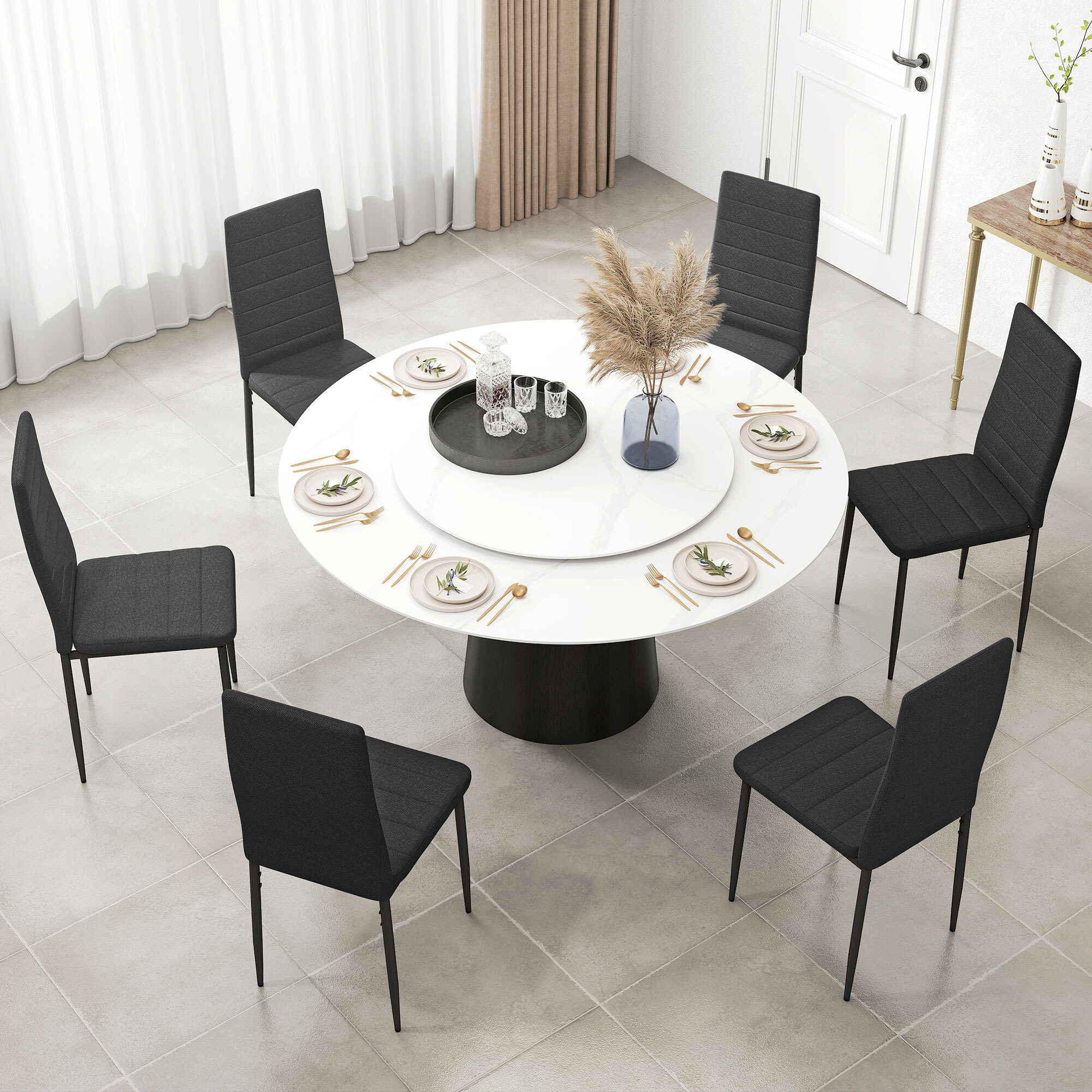 Pack de 6 Sillas de Comedor Modernas, Sillas de Cocina Tapizadas en Lino Sintético con Respaldo Alto y Patas de Metal, para Salón, Negro