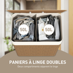 Panier à linge double 100L - corbeille à linge avec couvercle et poignées - tissage bambou naturel