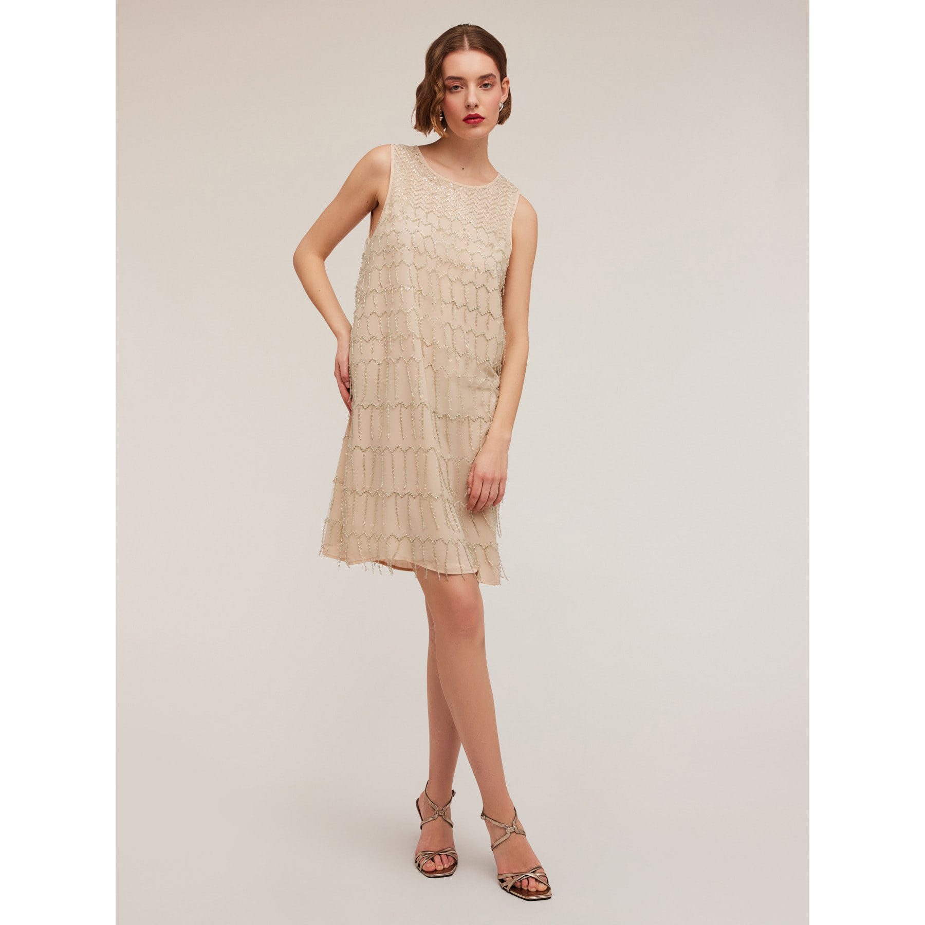 Motivi - Vestido bordado con flecos - Beige