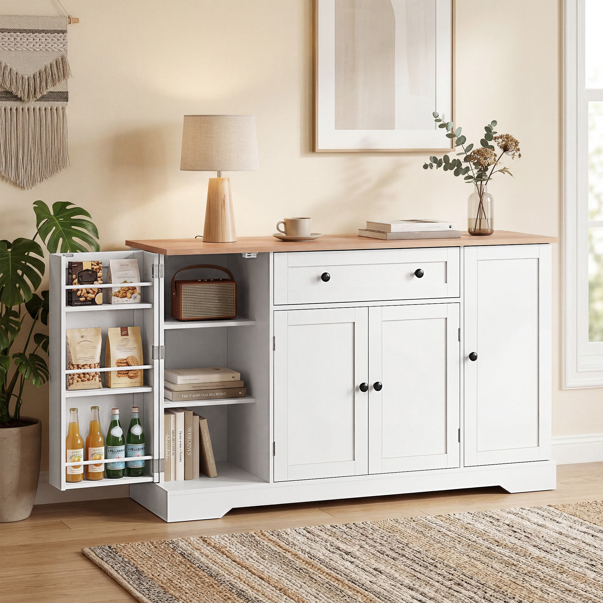 Aparador, Armario de Cocina Moderno con Cajón, Estantes en las Puertas, Estantes Ajustables, Barra de Café, Aparador para Cocina, Comedor, 138x40x83,5 cm, Blanco