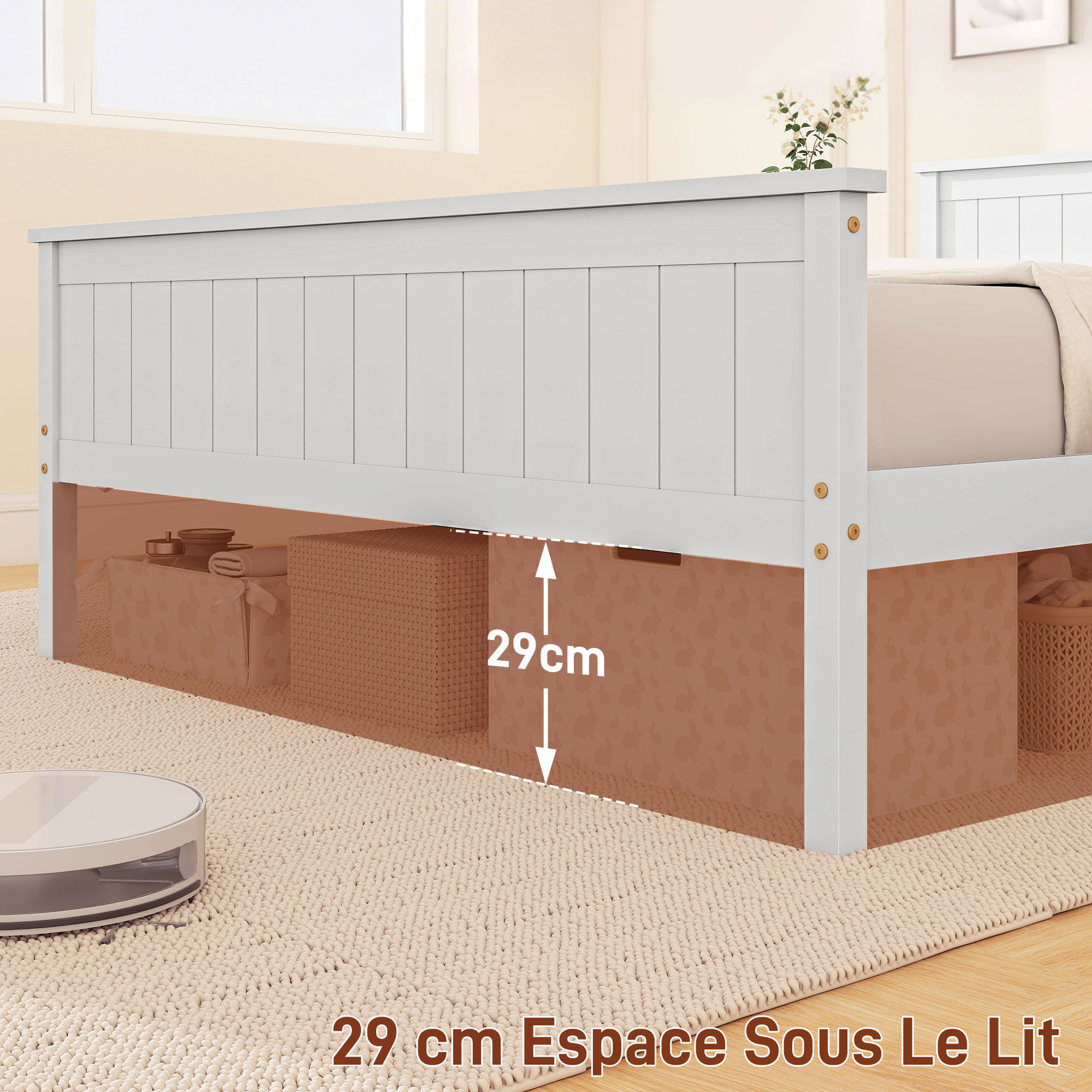 Lit double bois de pin blanc rainuré - tête de lit, pied de lit et sommier - 210L x 148l x 82H cm - compatible matelas 200L x 140l cm