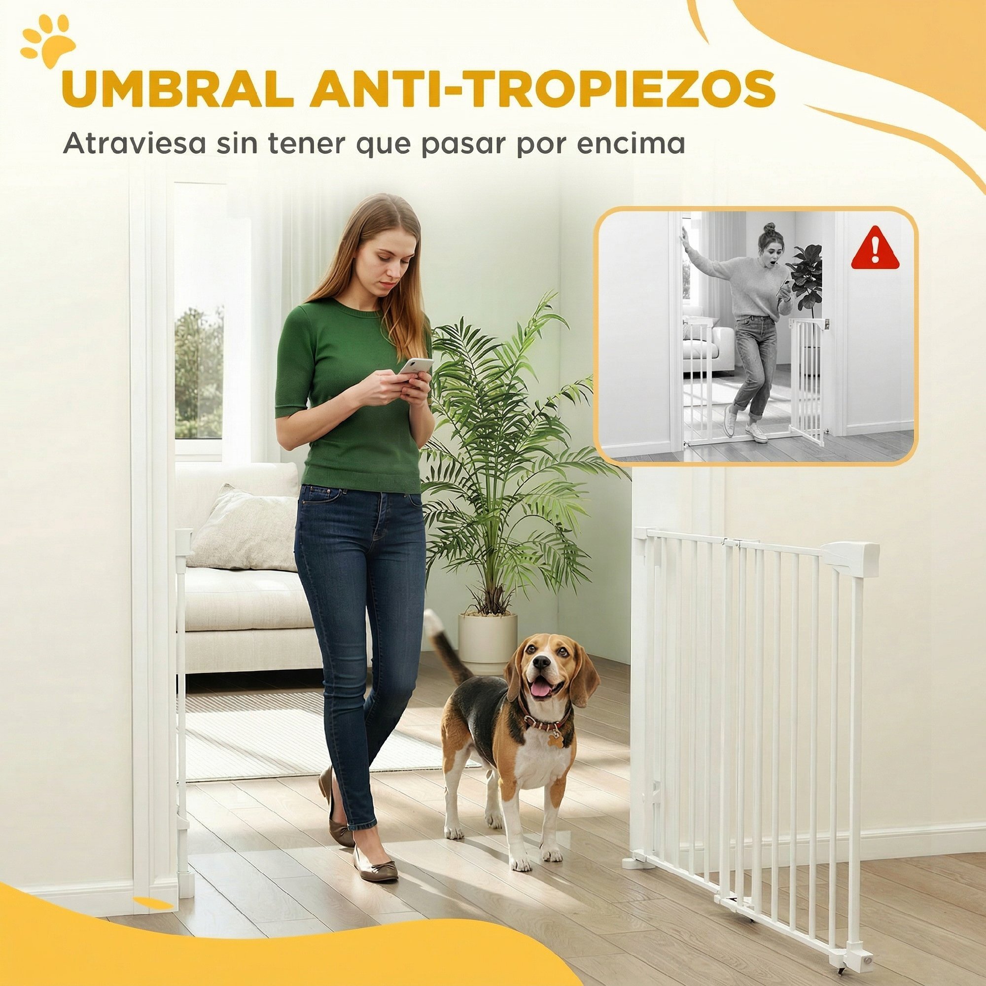 Barrera de Seguridad para Perros, Ancho 74,5-111,5 cm, Puerta para Perros para Puertas y Escaleras con Pestillo, Cierre Automático, Uso con Una Mano, Montada en la Pared, Sin Umbral, Blanco