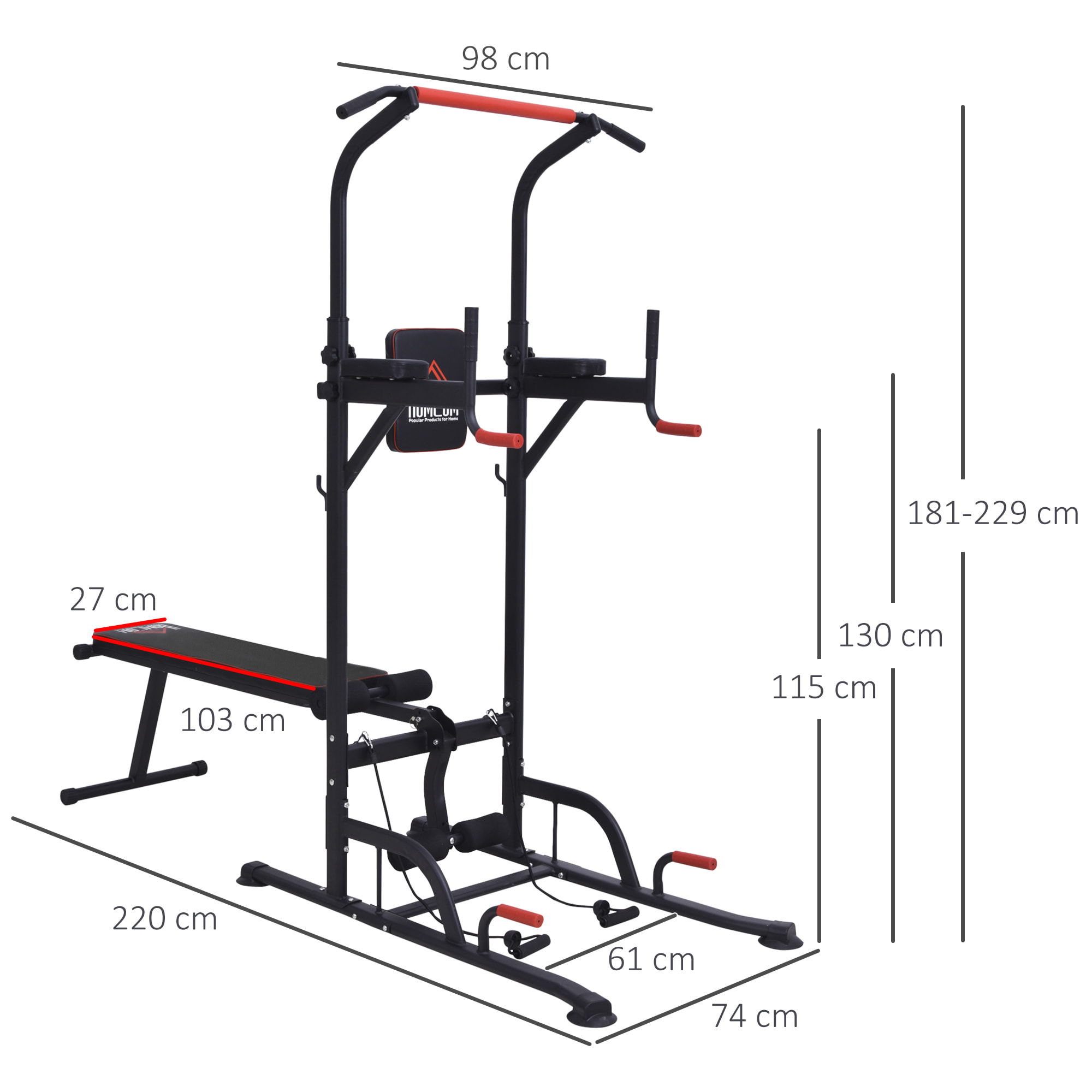 Estación de Musculación Multifuncional Torre de Entrenamiento Ajustable en Altura con Banco Plegable Barra de Dominadas para Fitness 220x98x181-229 cm Negro