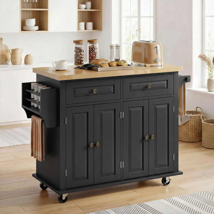 Desserte de cuisine multi rangements 2 tiroirs 2 placard 2 portes étagère range-bouteille porte-torchons MDF noir hévéa
