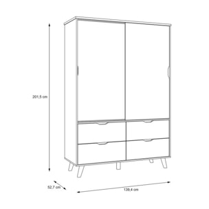 Armoire 2 portes 4 tiroirs effet bois chêne naturel et blanc mat - WANDA