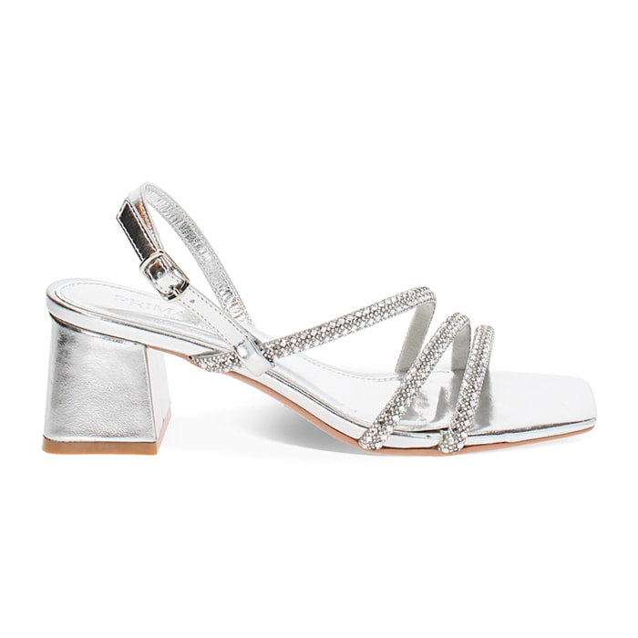 Sandalo donna argento con pietre, tacco largo 5,5 cm