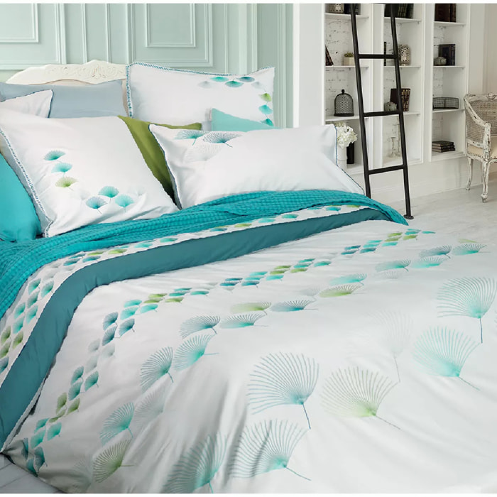 Housse de couette satin de coton 115 g/m² brodé blanc bleu Pistil aqua