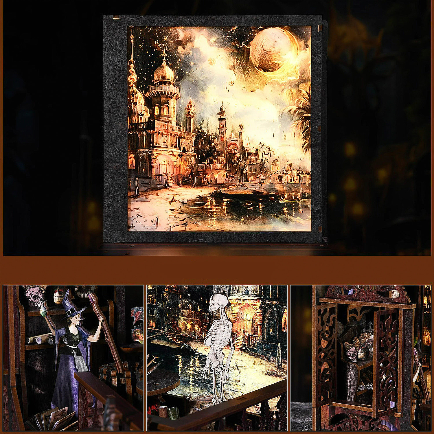 Exploración mágica. Book Nook de madera, diseño 3D realista, marco luminoso con fondo intercambiable.