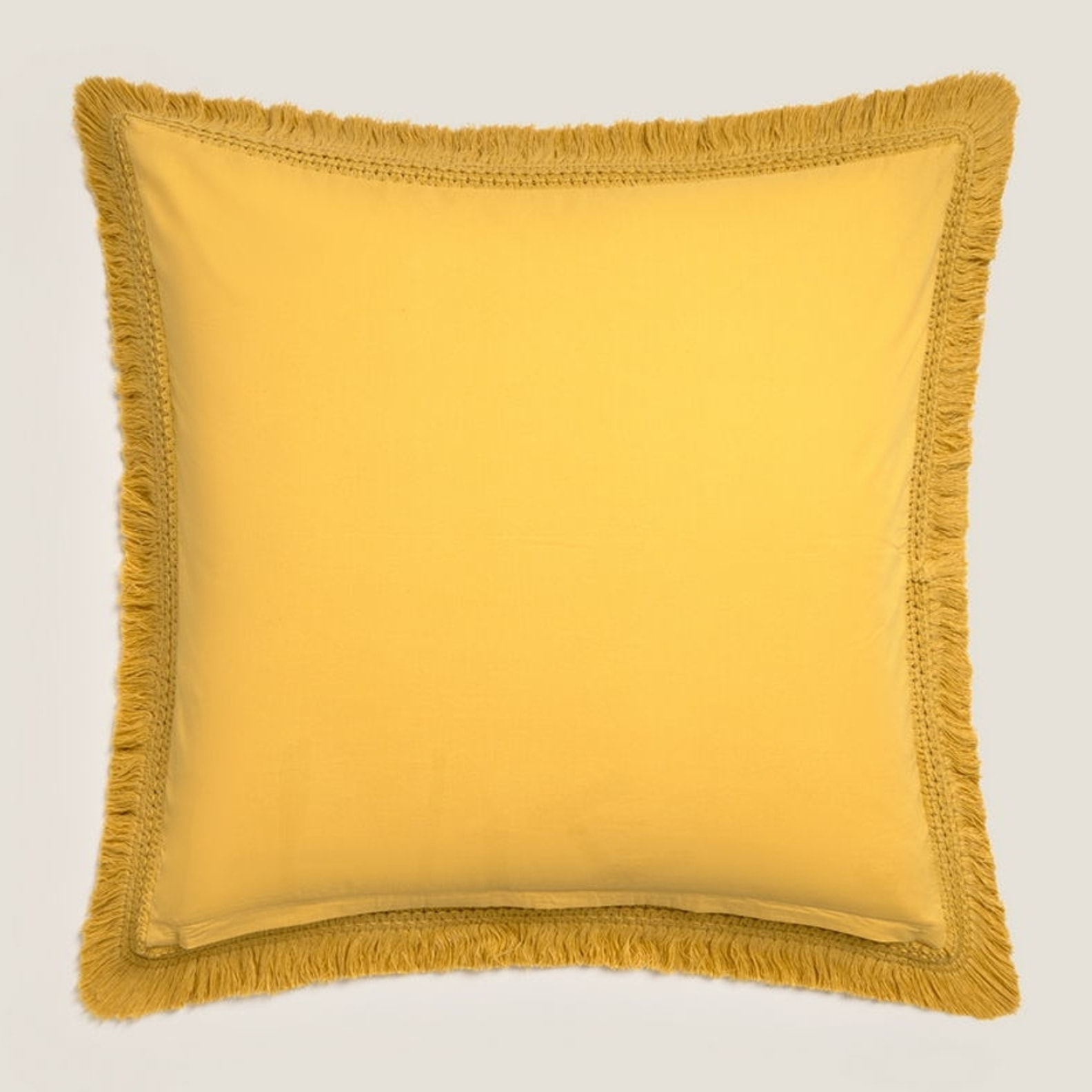 Funda de cojín algodón flecos Cherflec color amarillo 100% Algodón