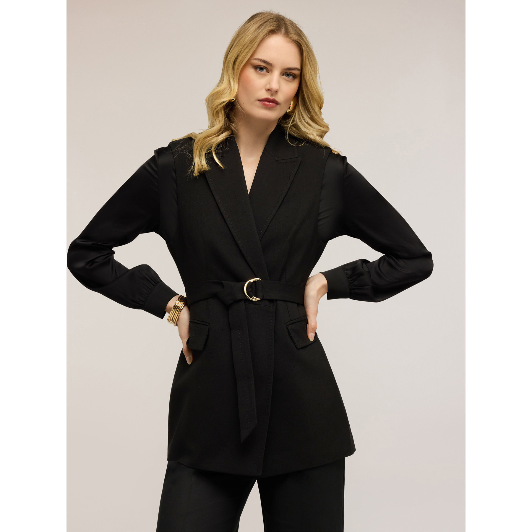 Motivi - Gilet doppiopetto con cintura - Nero