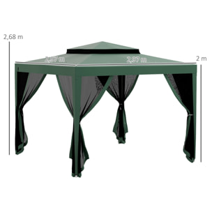 Carpa de Jardín 3x3 m Cenador Gazebo con 4 Mosquiteras Laterales Techo Doble 8 Orificios de Drenaje y Marco de Metal para Terraza Patio Exterior Verde