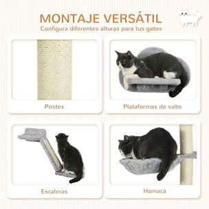 Juego de Pared de Escalada para Gatos de 3 Piezas, Estanterías de Pared para Gatos con Hamaca, Rampa con Rascador, Plataforma en Forma de Nube para Saltar, Gris