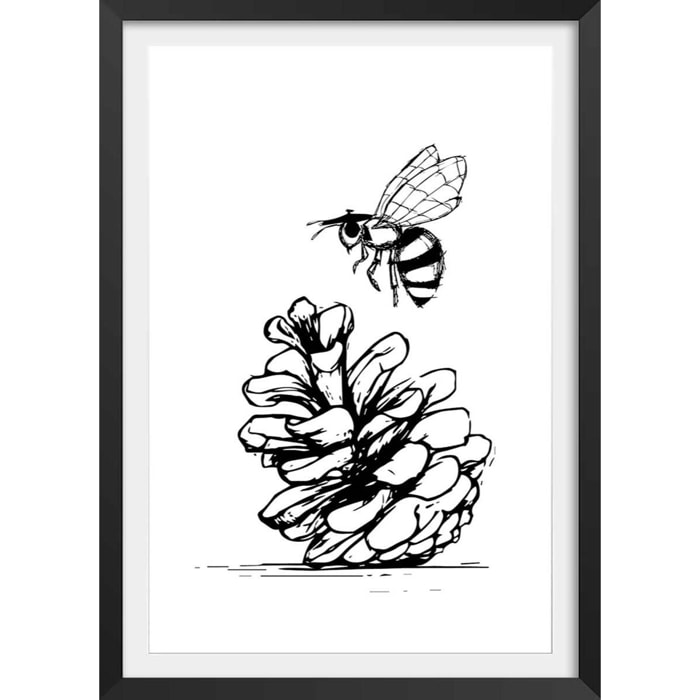 Poster pomme de pins et abeille Affiche + cadre en bois - Noir