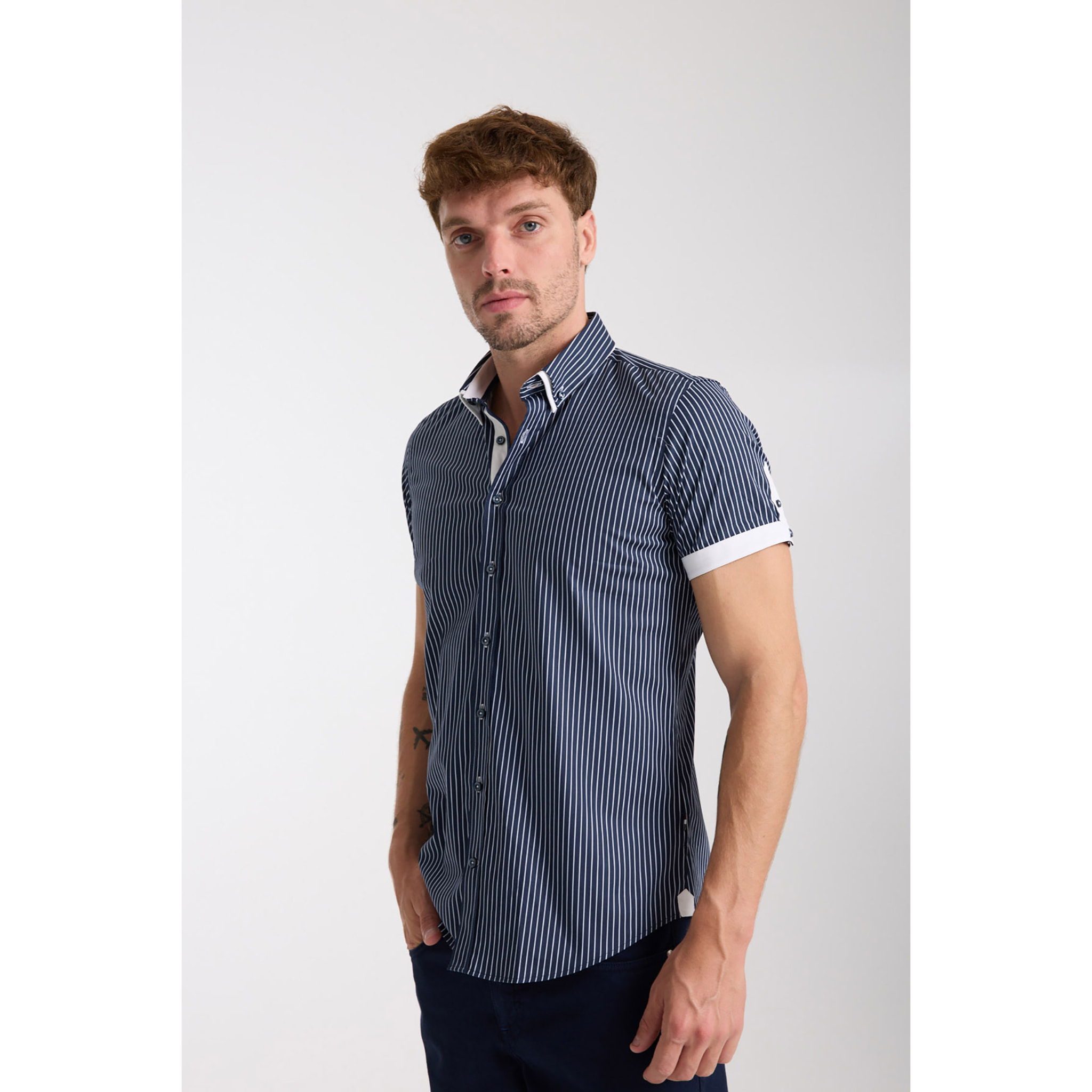 camicia uomo slim 1 bottone button down doppio collo Popeline Stretch Riga Media Blu\Bianco