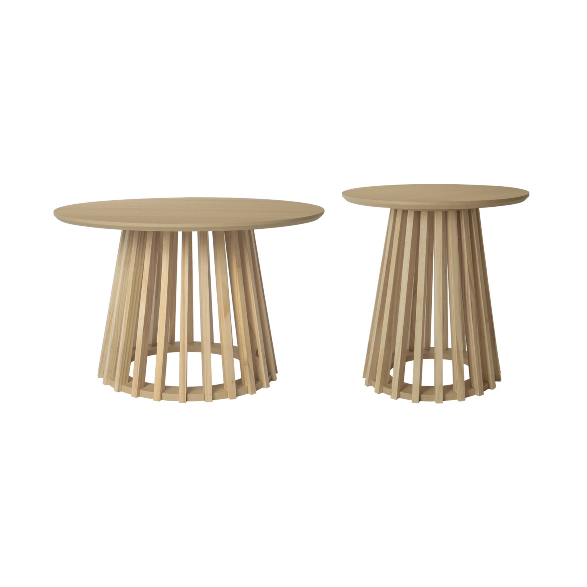 Set de 2 tables basses rondes plateau effet bois chêne et pieds en bois de sapin. Ø40cm et Ø60cm
