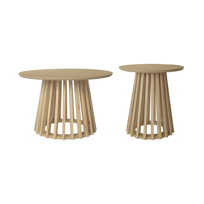 Set de 2 tables basses rondes plateau effet bois chêne et pieds en bois de sapin. Ø40cm et Ø60cm
