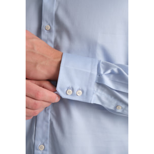 Camicia Uomo 2 Bottoni Button Down 7bottoni Doppio Coll Satin Unito Celeste