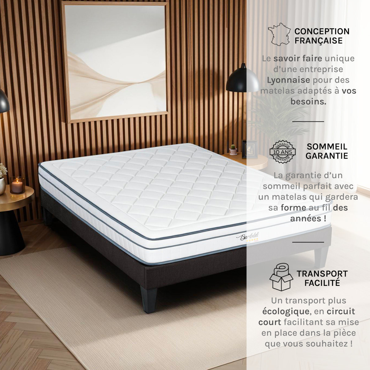 Ensemble Matelas Hybride Bartoldi & Sommier KIT15, 22 cm, Ressorts Ensachés & Mémoire de Forme, technologie Tri-Lattes, Soutien Ferme
