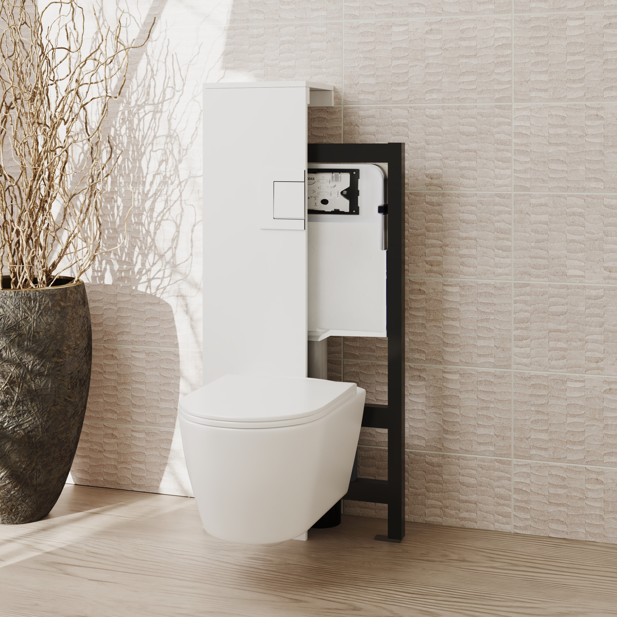 Pack Wc Suspendu + Châssis + Boîtier de Support Blanc | Toilette Blanc Mat | Bouton Blanc | Réservoir Encastré | Couvercle Amorti | Alday