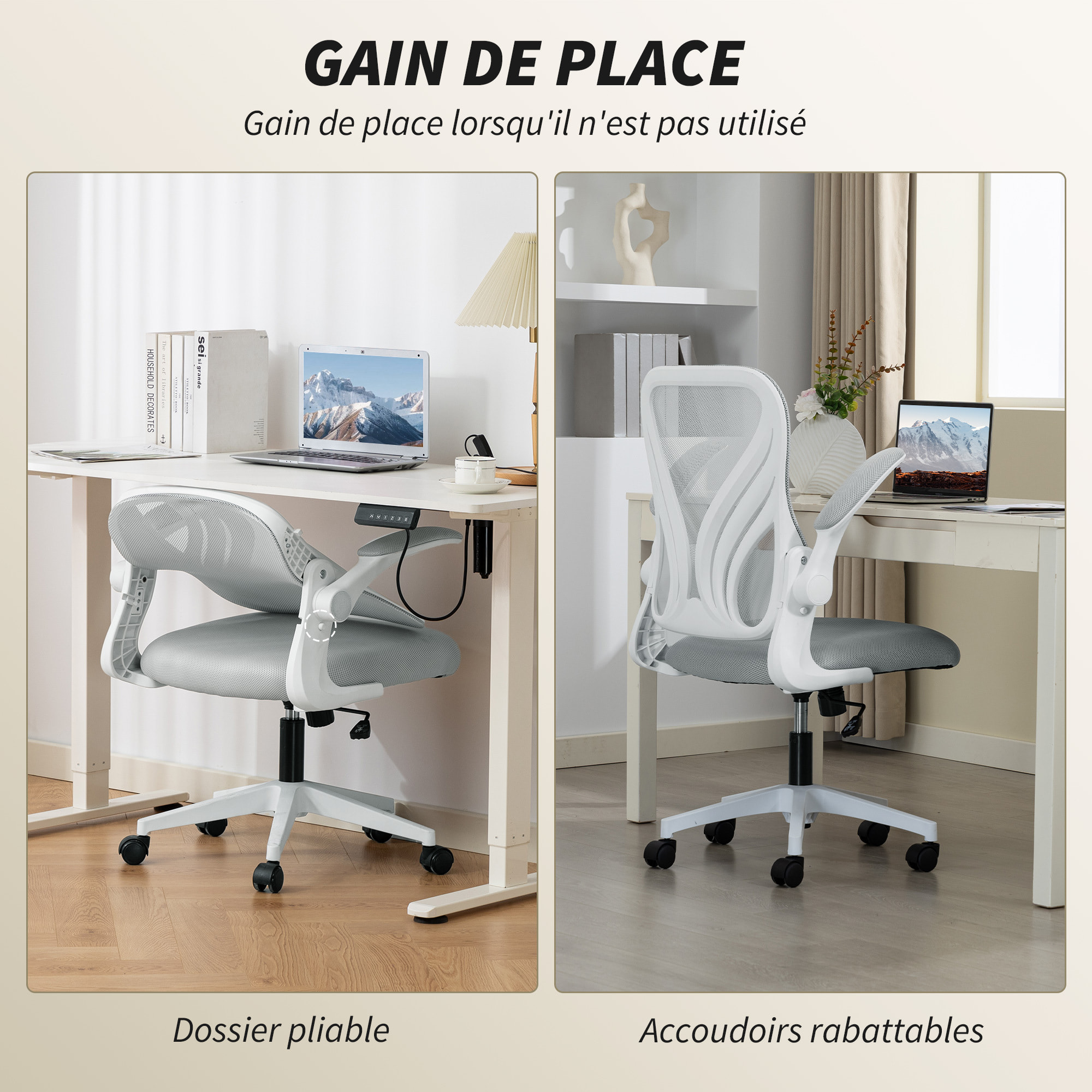 Chaise de bureau ergonomique accoudoirs relevables dossier rabattable gris clair