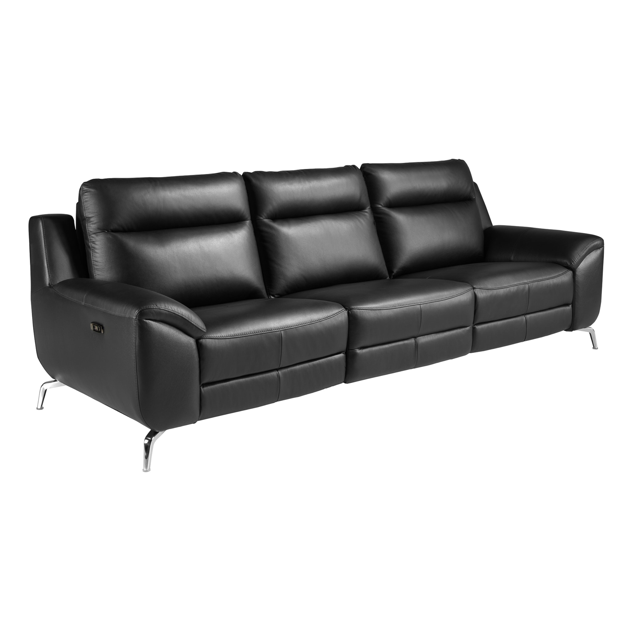Sofá relax de 3 plazas tapizado en piel de origen vacuno en negro patas de acero inoxidable cromado 2 sistemas de relax eléctrico 264x93x92cm