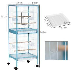Grande cage à oiseaux sur pied à roulettes - volière double, mangeoires, perchoirs, plateau amovible - bleu