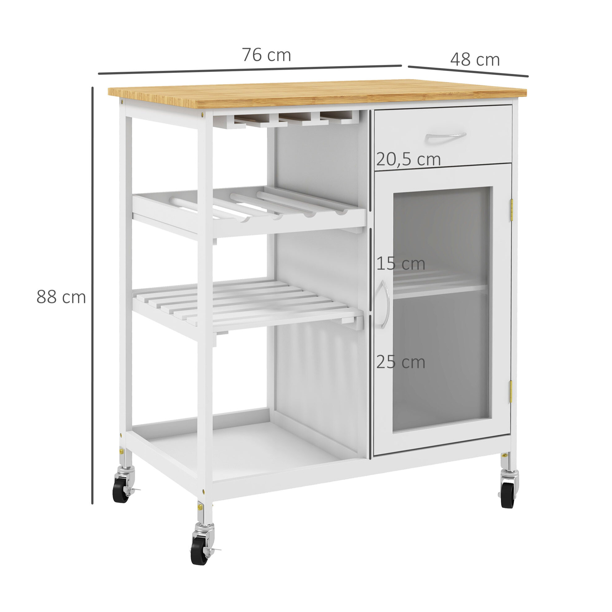 Desserte de cuisine multi-rangement - porte acrylique poignées métal MDF blanc aspect bambou