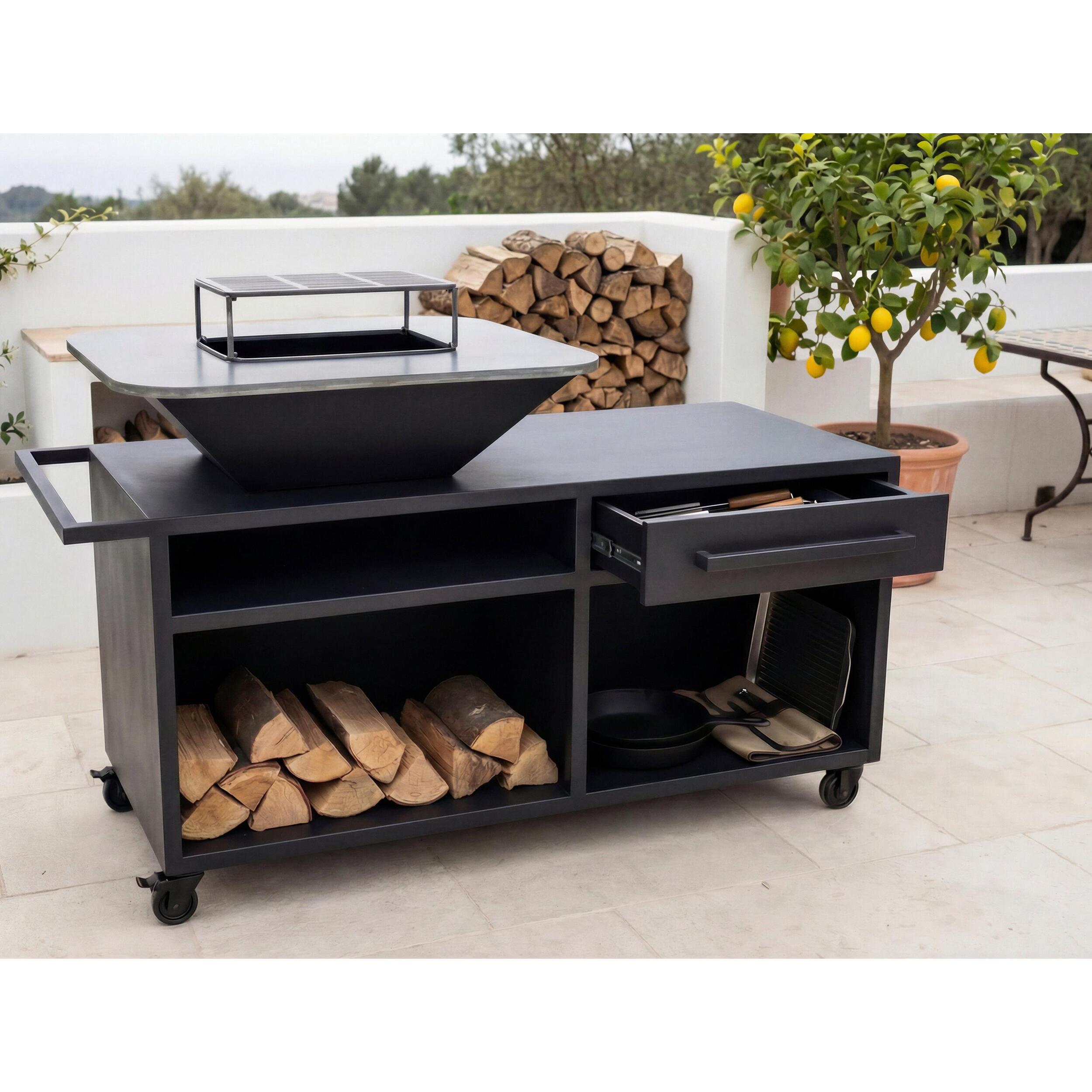 Grand barbecue avec armoire et plaque de cuisson en acier