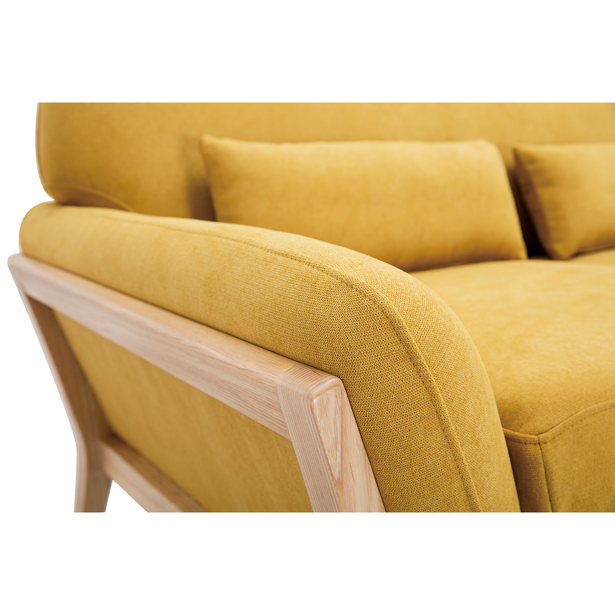 Canapé scandinave 2 places en tissu effet velours jaune moutarde et bois clair YOKO