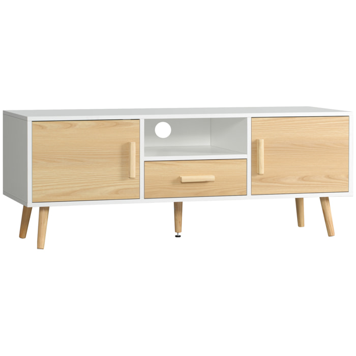 Meuble TV bas sur pied style scandinave 2 portes niche tiroir piètement effilé incliné bois panneaux blanc aspect bois clair