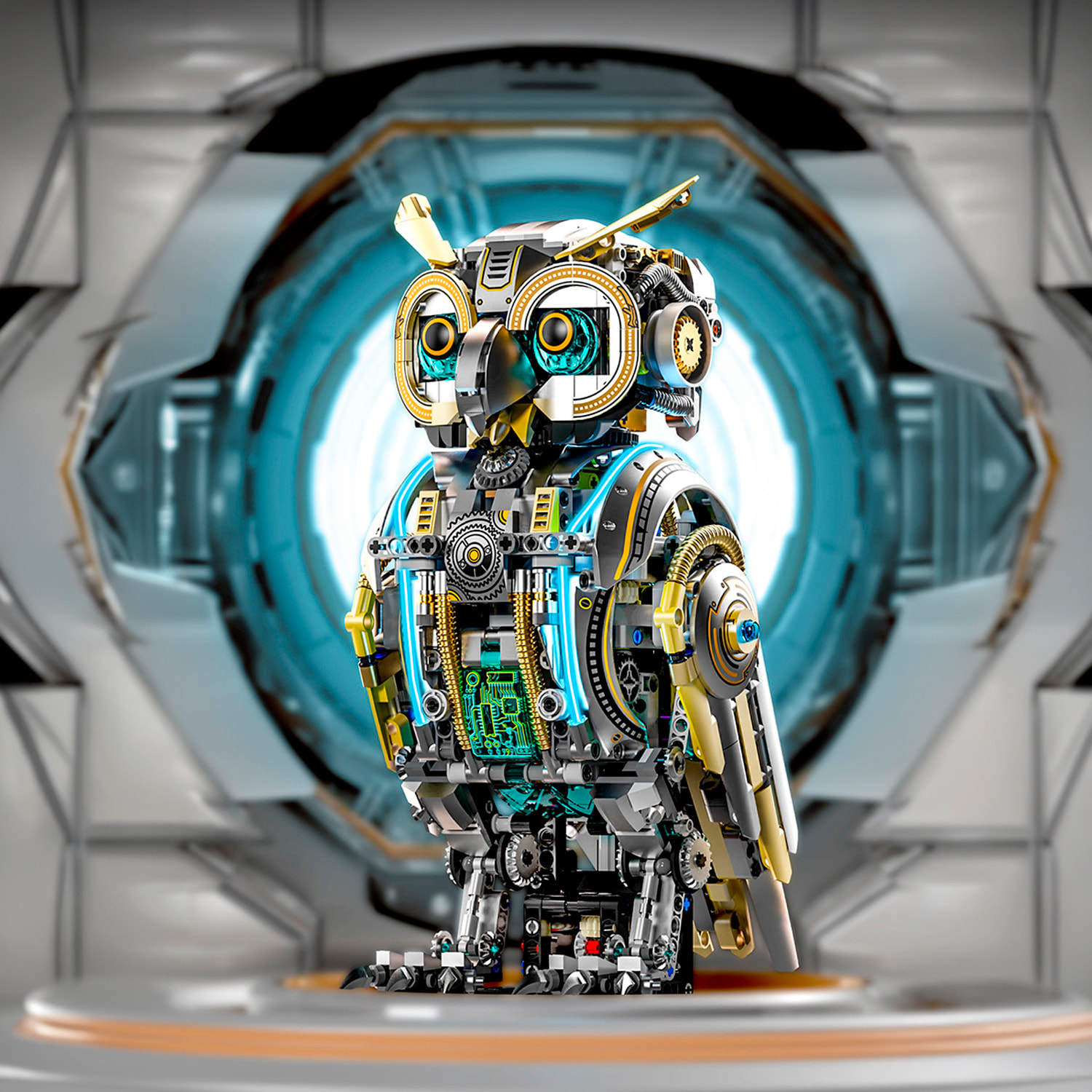 Maqueta 3D mecanizada de buho con 1296 piezas, equipada con luces y mecanismo de manivela que permite movimiento dinámico.