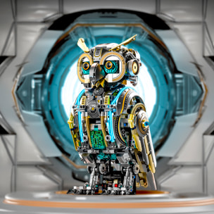 Maqueta 3D mecanizada de buho con 1296 piezas, equipada con luces y mecanismo de manivela que permite movimiento dinámico.