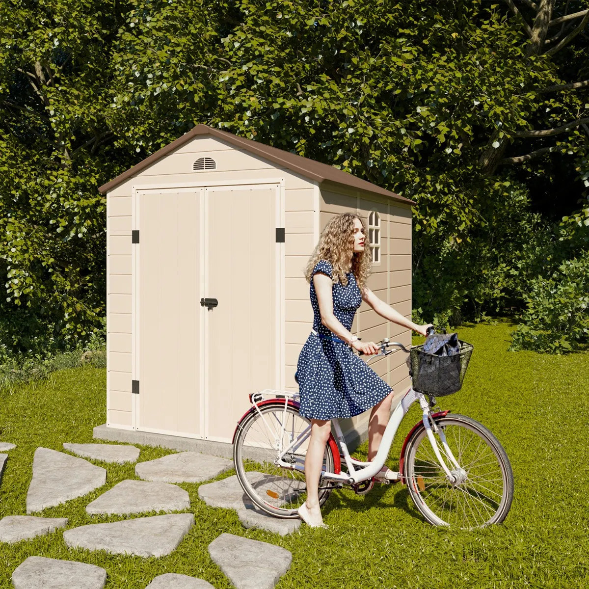 Abri de jardin résine beige Trigano 4,72 m² + kit d'ancrage