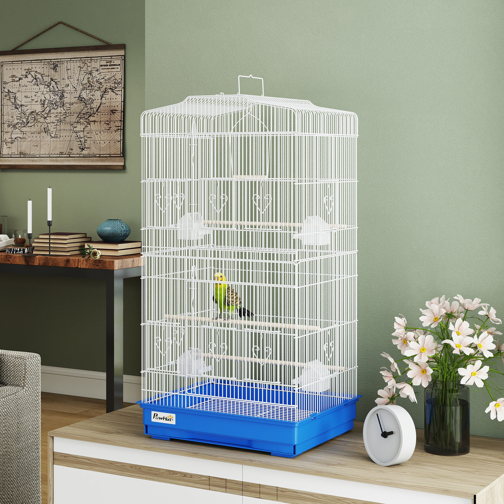 Jaula para Pájaros, Jaula de Metal para Pájaros con Puertas, 4 Comederos, 3 Perchas, Columpio, Bandeja Extraíble y Asa de Transporte, para Loro, Canario, Periquito, 46,5x35,5x92 cm, Azul