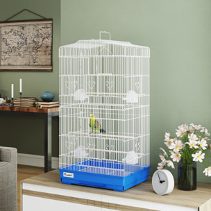 Jaula para Pájaros, Jaula de Metal para Pájaros con Puertas, 4 Comederos, 3 Perchas, Columpio, Bandeja Extraíble y Asa de Transporte, para Loro, Canario, Periquito, 46,5x35,5x92 cm, Azul