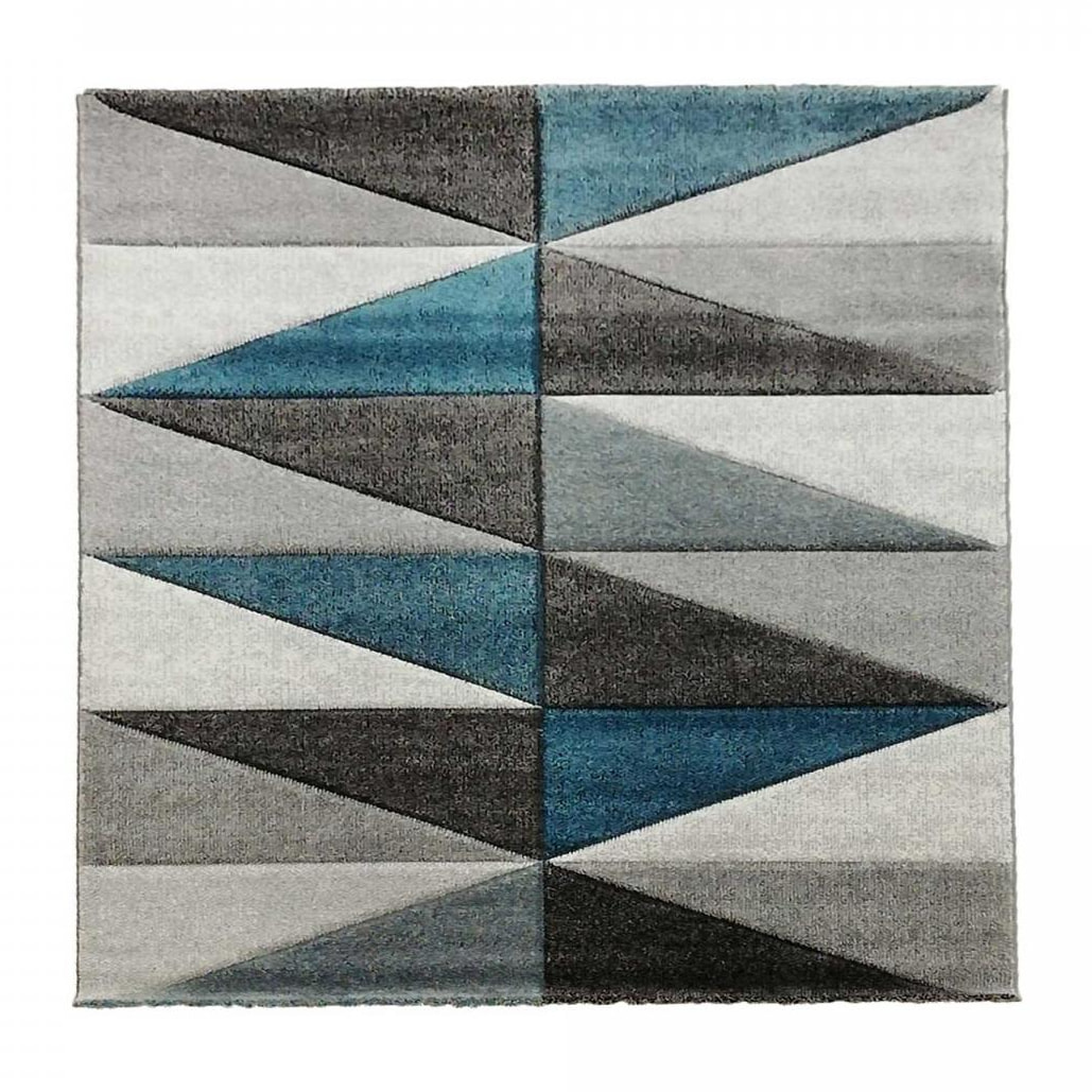 tapis salon Rone, gris noir et bleu motif triangle