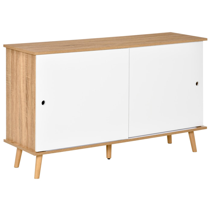 Mueble Aparador tipo Buffet para Comedor Cocina con 2 Puertas Correderas Estantes Interiores Ajustables y Patas de Madera 130x40x74,5 cm Natural y Blanco