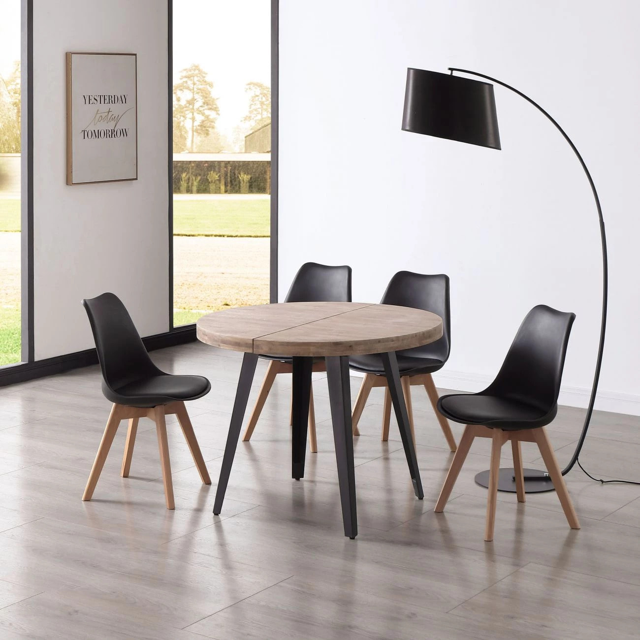 Mesa de comedor redonda extensible en negro y roble honey 100-180x100 cm Berg Roble Honey - Negro