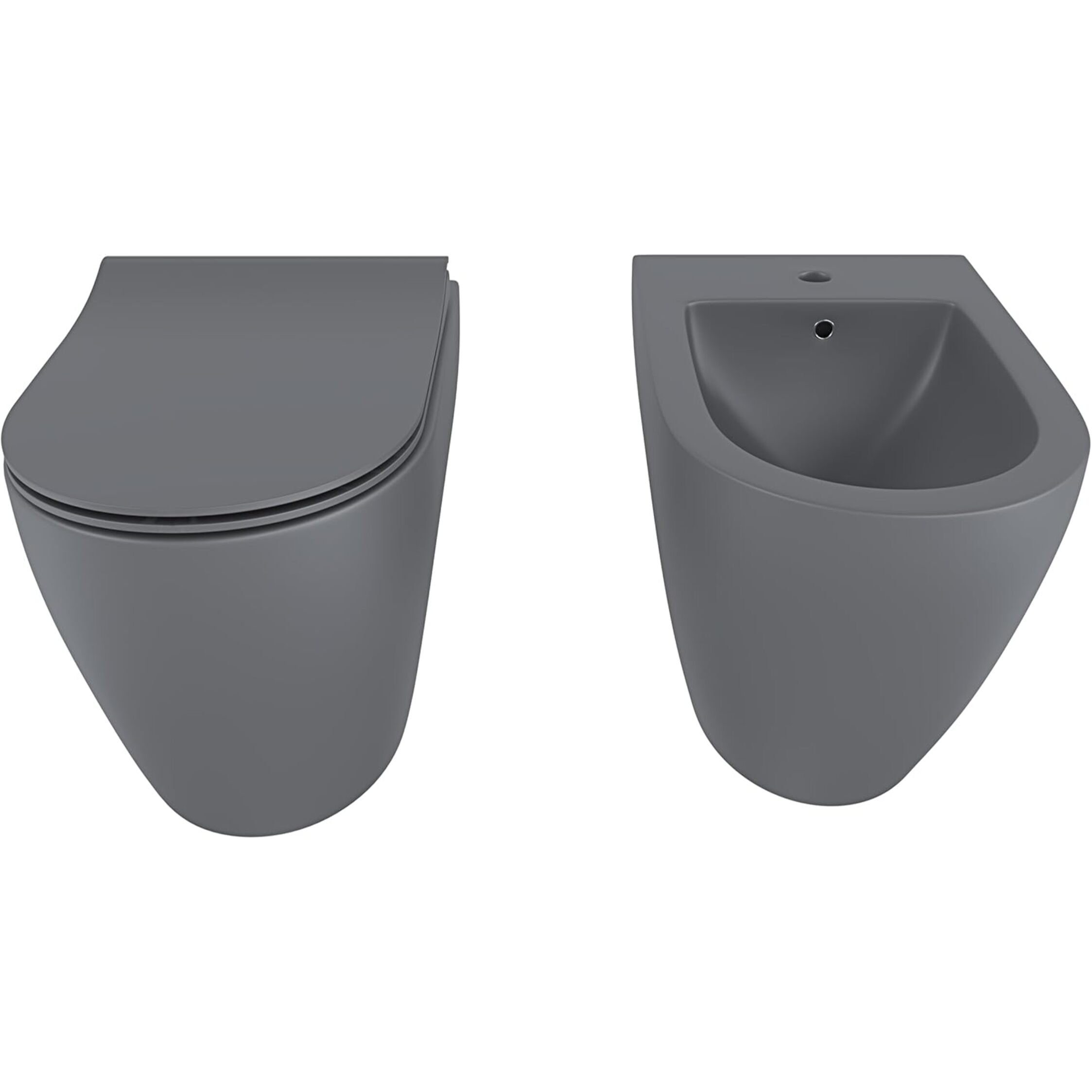 Coppia Sanitari Filomuro Parete Vaso WC Rimless Senza Brida Tornado Flush E Bidet Moderno In Ceramica Copriwater Chiusura Soft Close Grigio Opaco