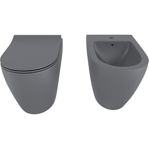 Coppia Sanitari Filomuro Parete Vaso WC Rimless Senza Brida Tornado Flush E Bidet Moderno In Ceramica Copriwater Chiusura Soft Close Grigio Opaco