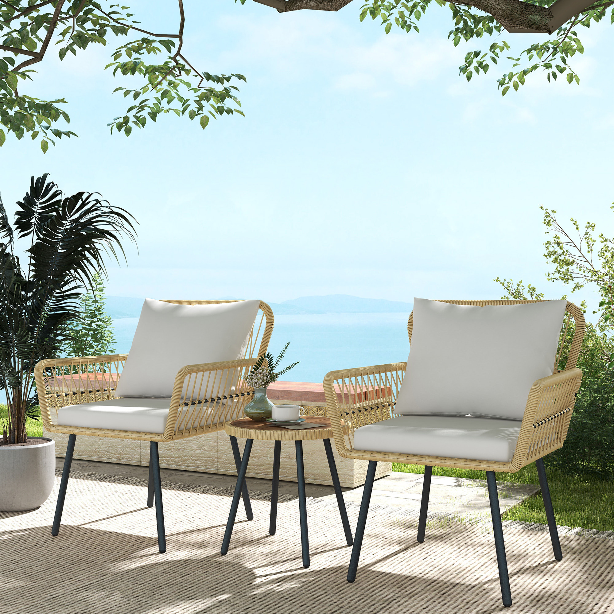 Conjunto de Mesa y Sillas de Jardín Exterior Juego de 3 Piezas Sillas y Mesa de Ratán con 2 Sillas 1 Mesa de Centro Redonda y Cojines para Terraza Césped Balcón Natural