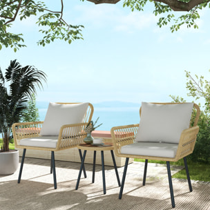Conjunto de Mesa y Sillas de Jardín Exterior Juego de 3 Piezas Sillas y Mesa de Ratán con 2 Sillas 1 Mesa de Centro Redonda y Cojines para Terraza Césped Balcón Natural
